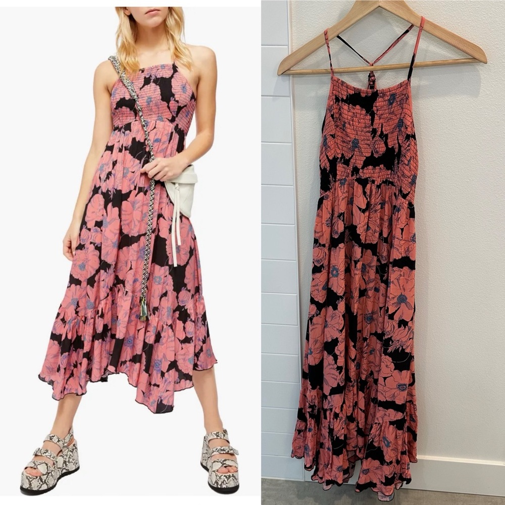 Free People Pink and Black Floral Midi Dress